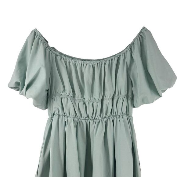 Puff Sleeve Mini Dress A Line Off The Shoulder Green Womens Size L Merokeety - Picture 5 of 8